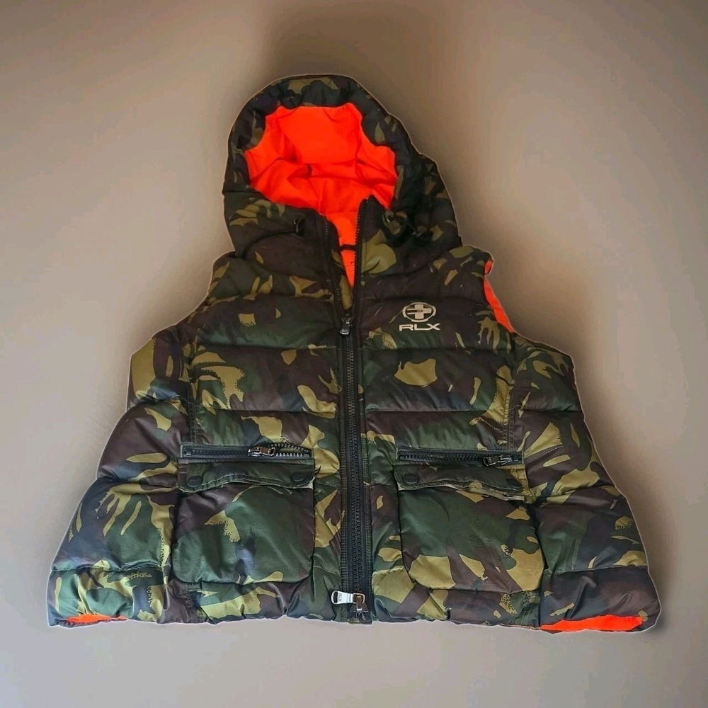 RLX Ralph Lauren Women Elmwood Camouflage Down Puffer Hooded Vest Orange S NWOT